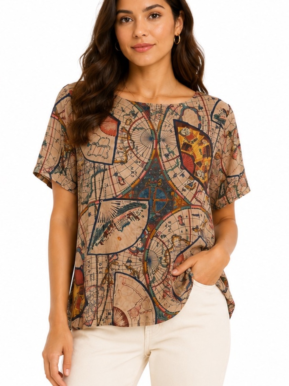 Vintage Jessica 100% Silk World Map Novelty Print Blouse Size 12